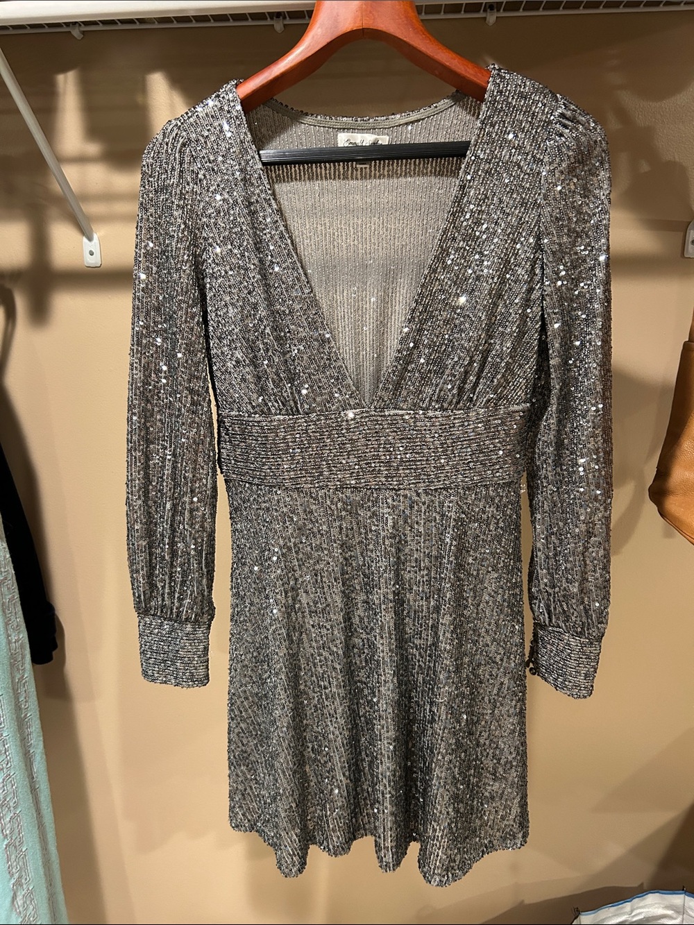 Emerald Sundae Silver Sequined Long Sleeve V-Neck Dress